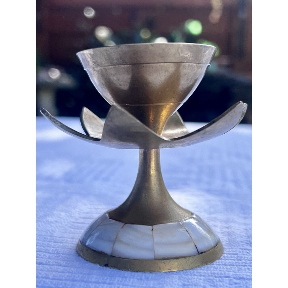 Vintage Solid Brass Lotus Incense Burner Mother of Pearl Inlay India Boho Zen